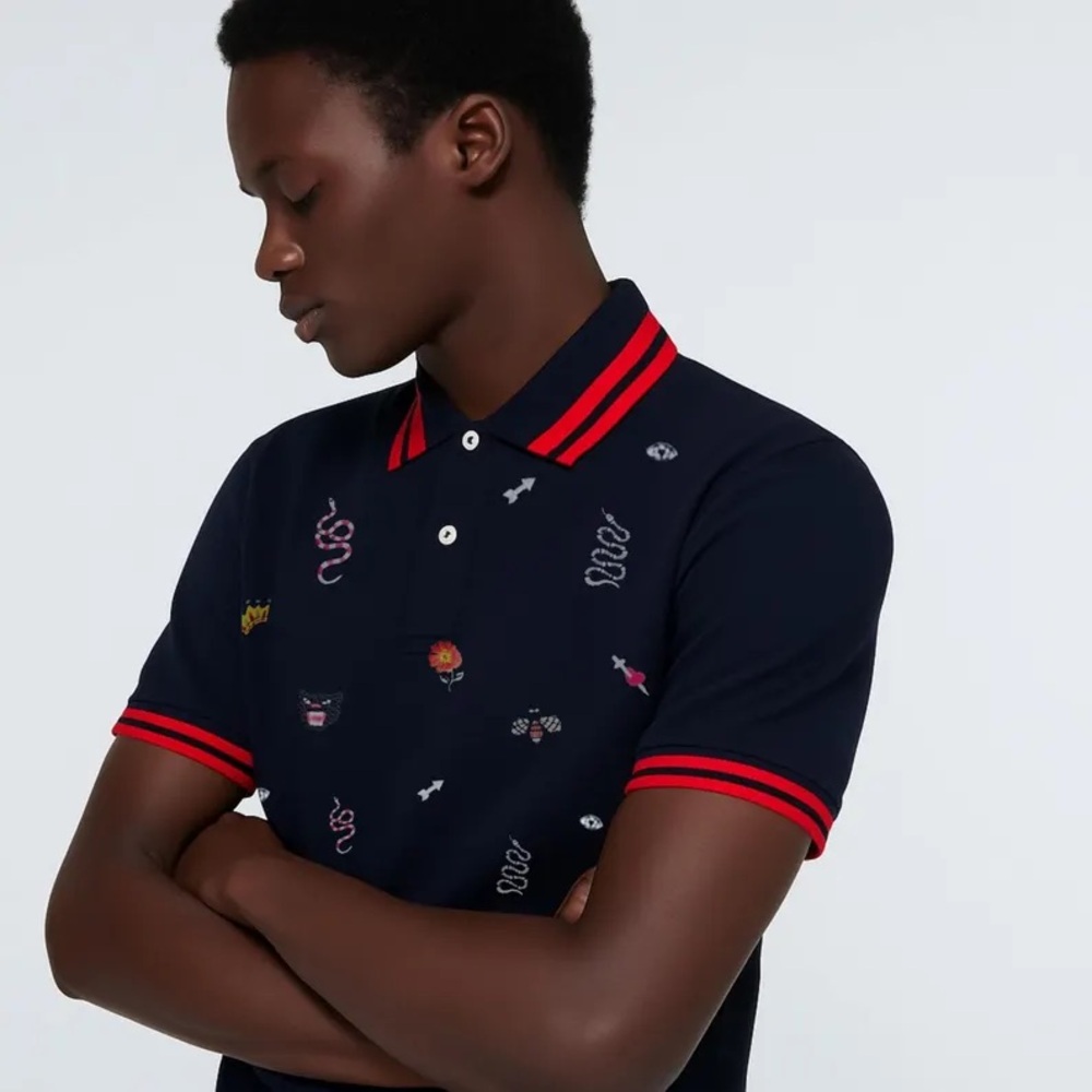 GUCCI Men’s Navy Polo Shirt - Embroidered Insect & Bee Motift (Mens Small)